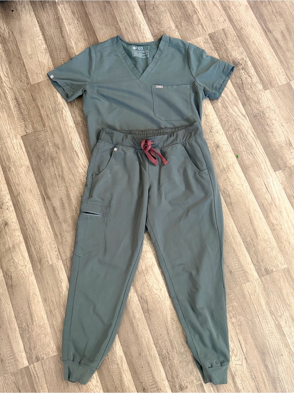 Figs Women's Hunter Green Jogger Pants with Maroon Drawstring
